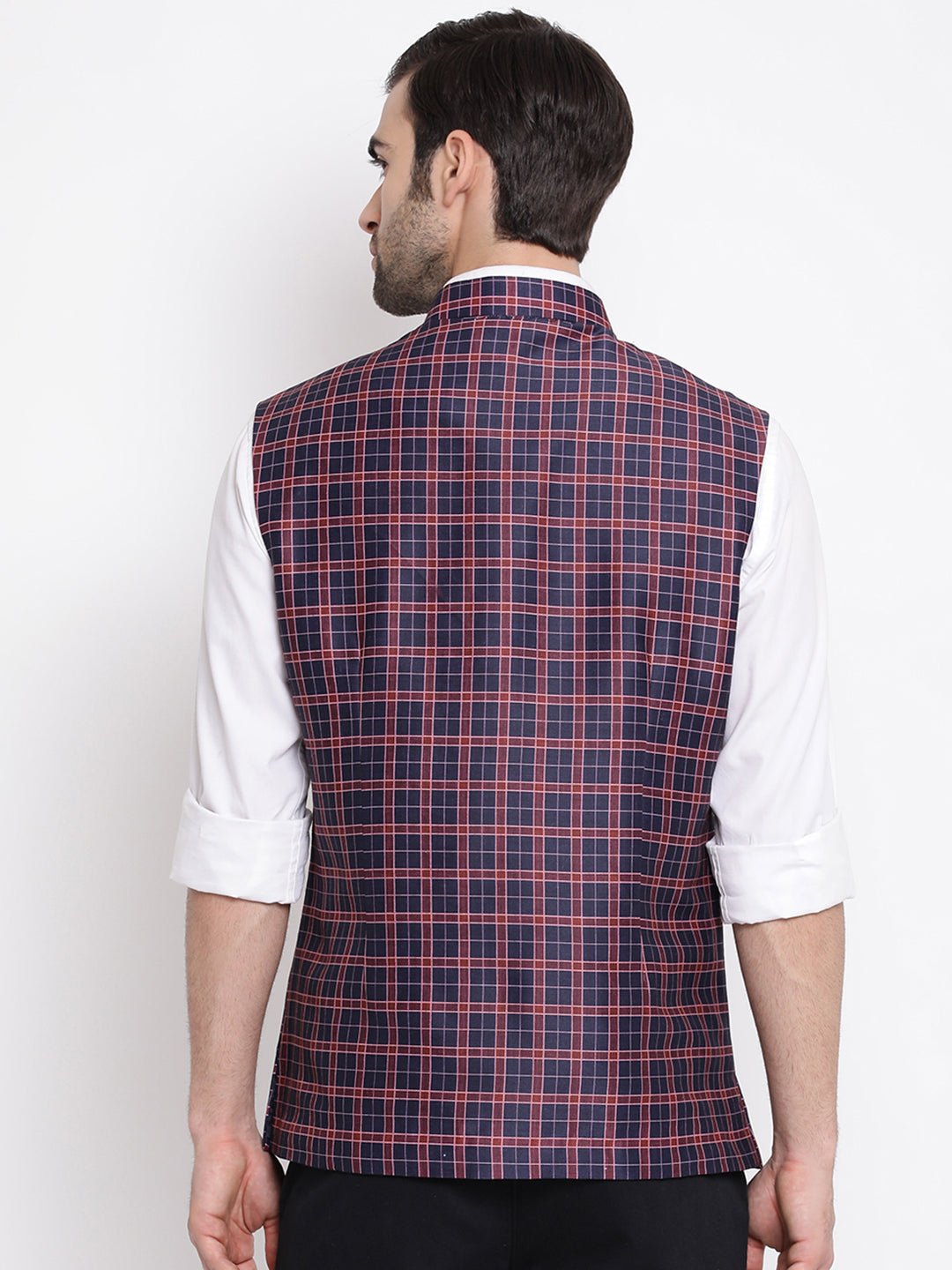 Vastramay  Men's Blue Checked And Angrakha Pattern Classic Nehru Jacket