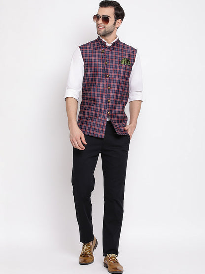 Vastramay  Men's Blue Checked And Angrakha Pattern Classic Nehru Jacket