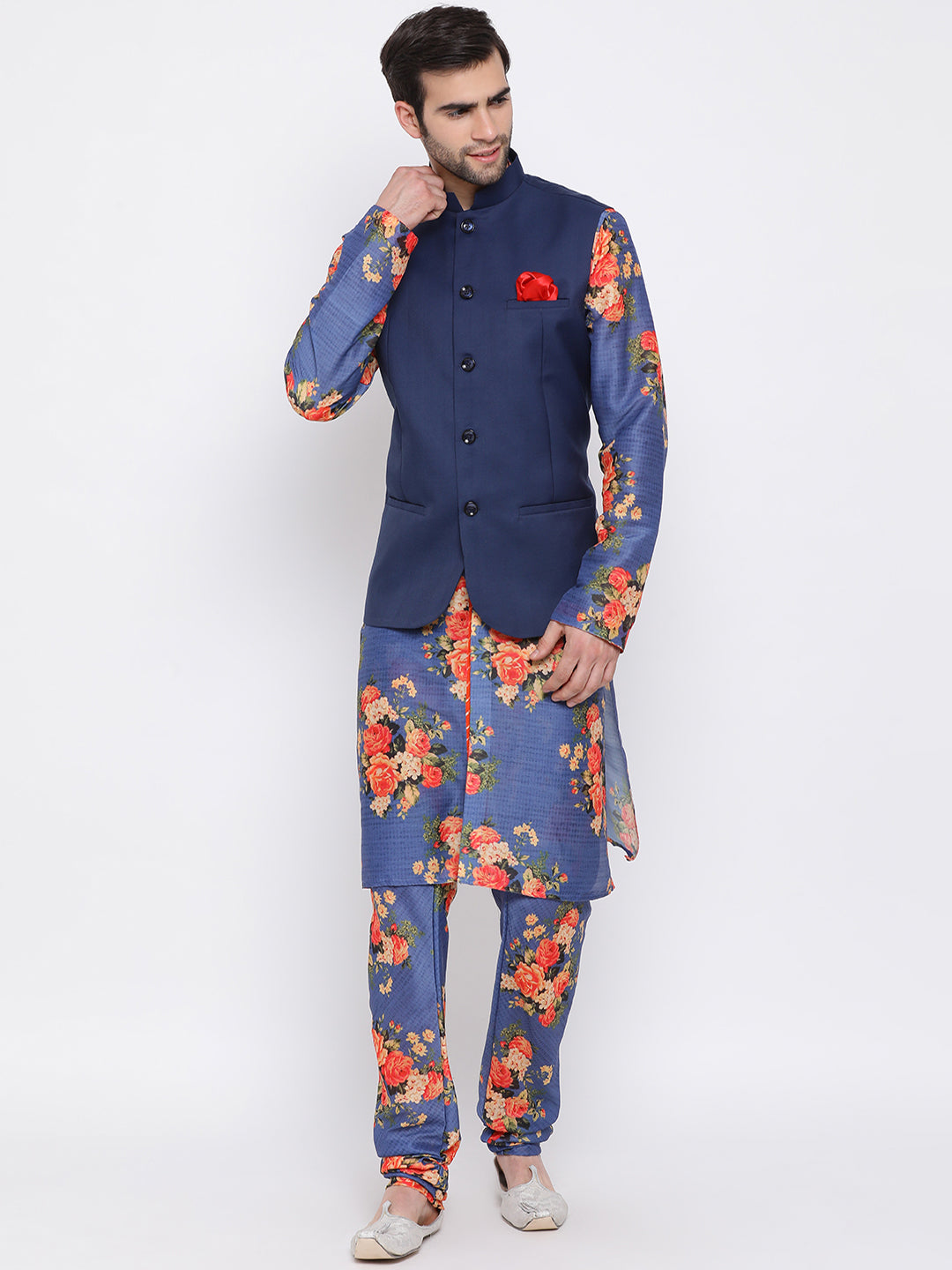 Vastramay Multicolored-Base-Blue Baap Beta Jacket Kurta Pyjama set