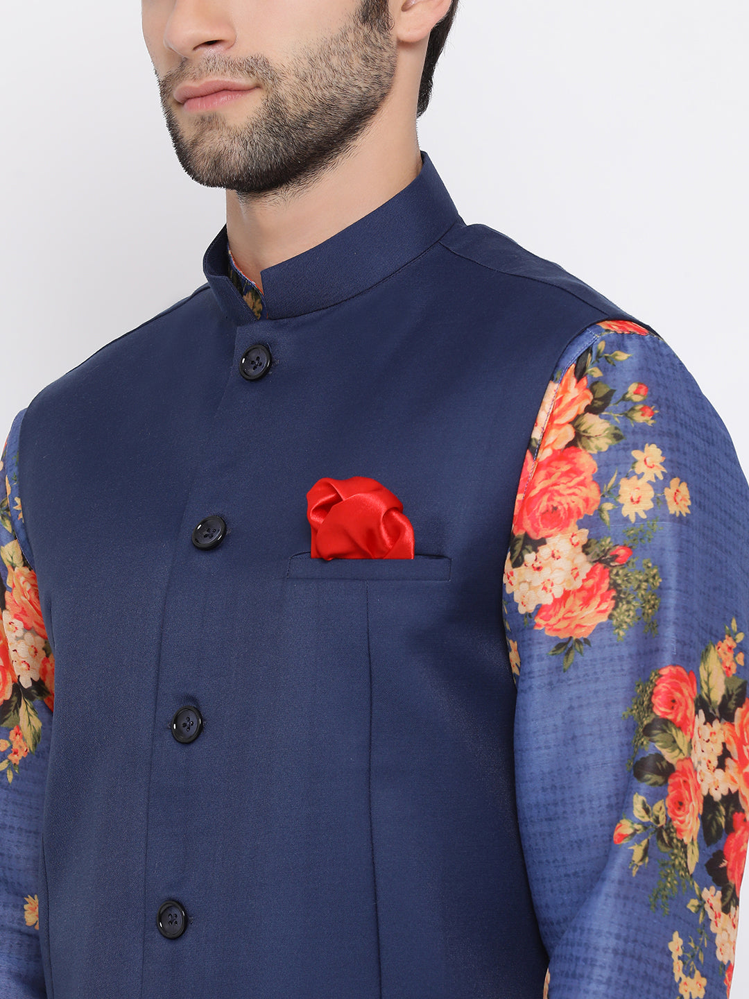 Vastramay Multicolored-Base-Blue Baap Beta Jacket Kurta Pyjama set