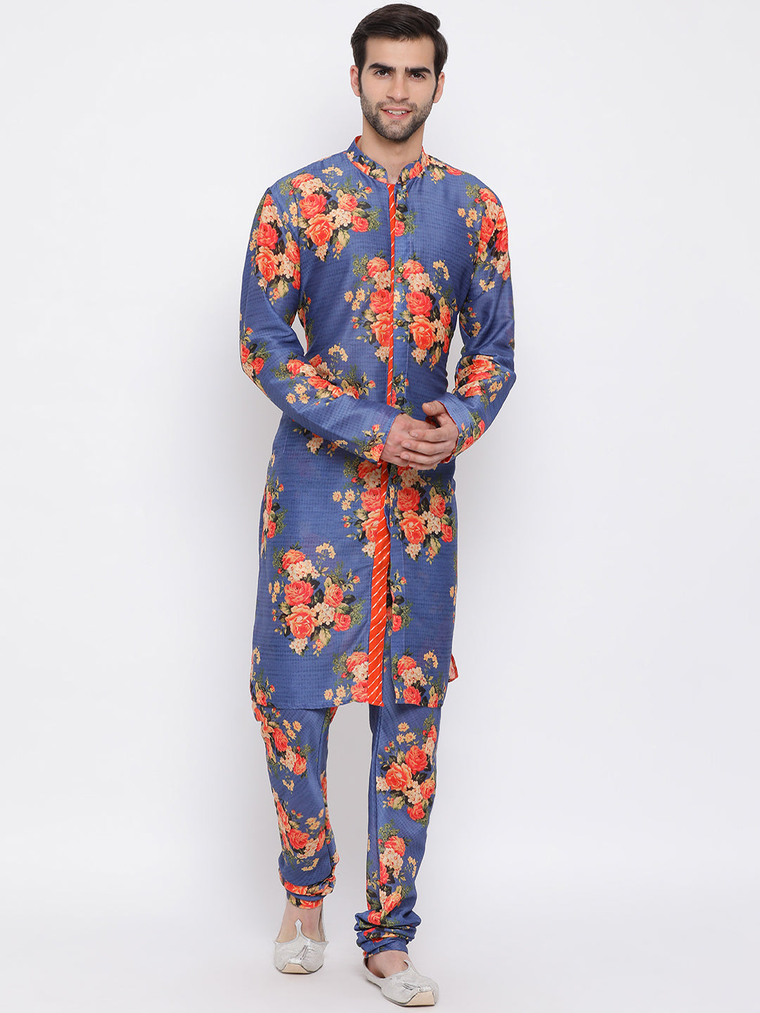 Vastramay Multicolored-Base-Blue Baap Beta Jacket Kurta Pyjama set