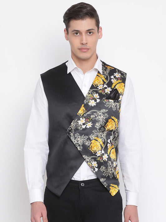 Vastramay  Men's Black Floral Printed Waistcoat Jacket