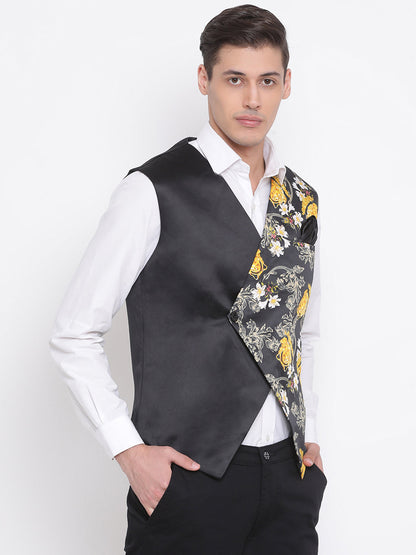 Vastramay  Men's Black Floral Printed Waistcoat Jacket