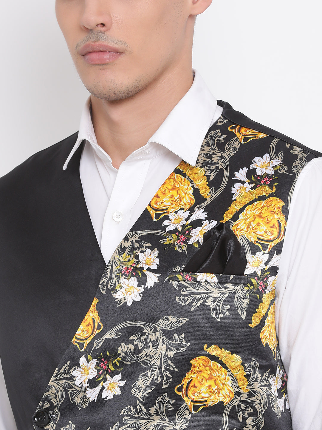 Vastramay  Men's Black Floral Printed Waistcoat Jacket