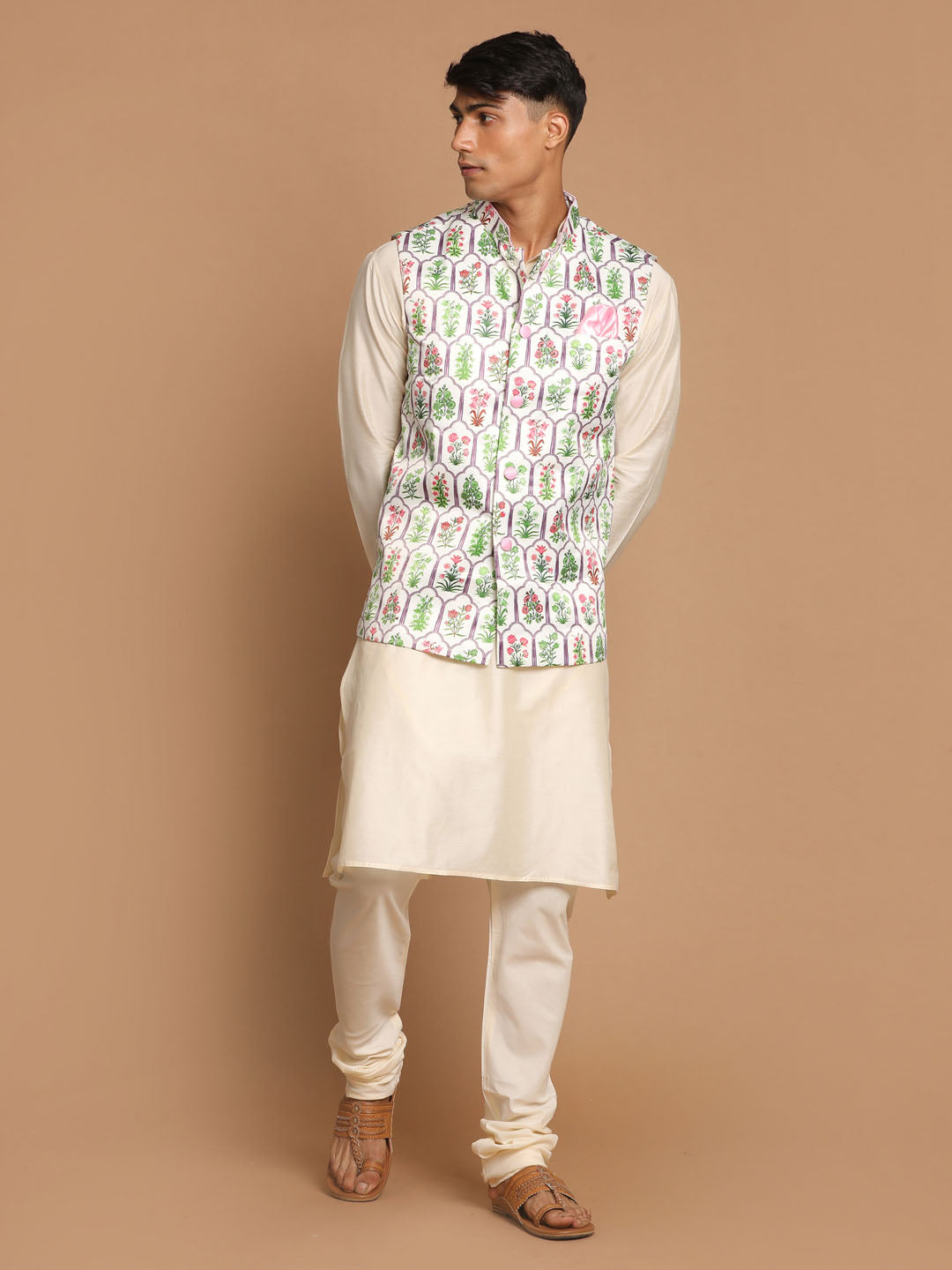 Vastramay Men's Cream Digital Print Nehru Jacket With Cream Kurta And Pyjama