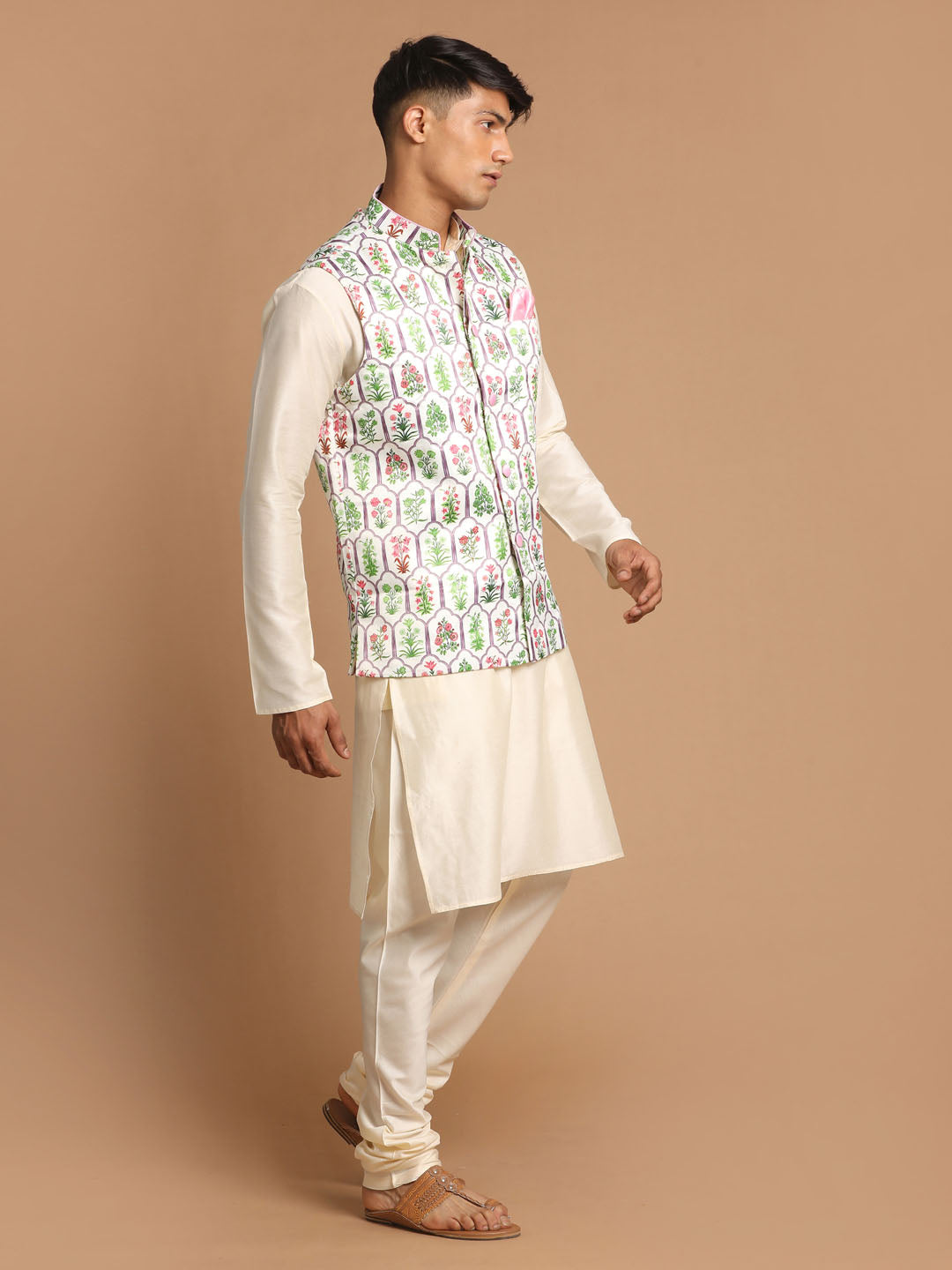 Vastramay Men's Cream Digital Print Nehru Jacket With Cream Kurta And Pyjama