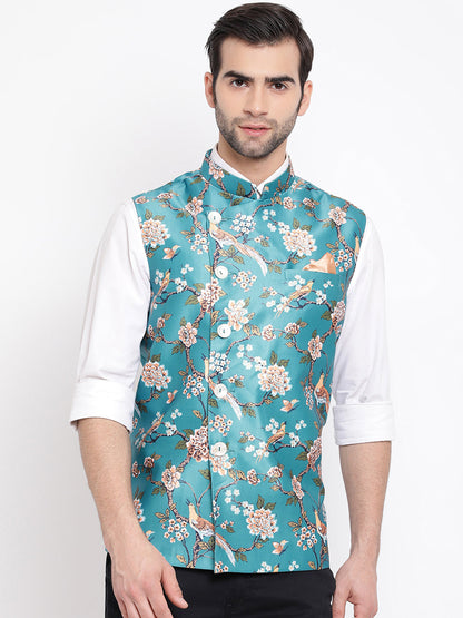 Vastramay  Men's Turquoise Digital Printed Royal Angrakha Nehru Jacket