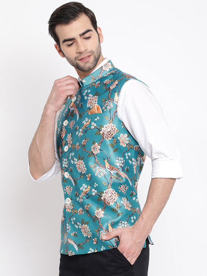 Vastramay  Men's Turquoise Digital Printed Royal Angrakha Nehru Jacket