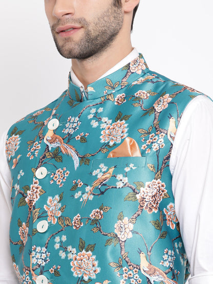 Vastramay  Men's Turquoise Digital Printed Royal Angrakha Nehru Jacket