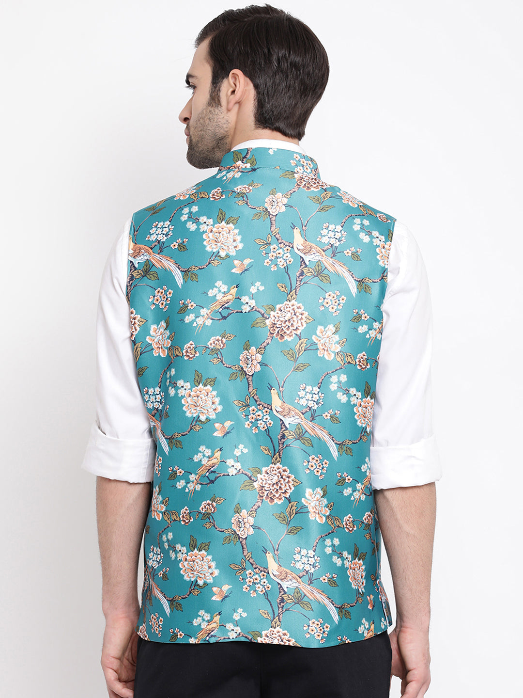 Vastramay  Men's Turquoise Digital Printed Royal Angrakha Nehru Jacket