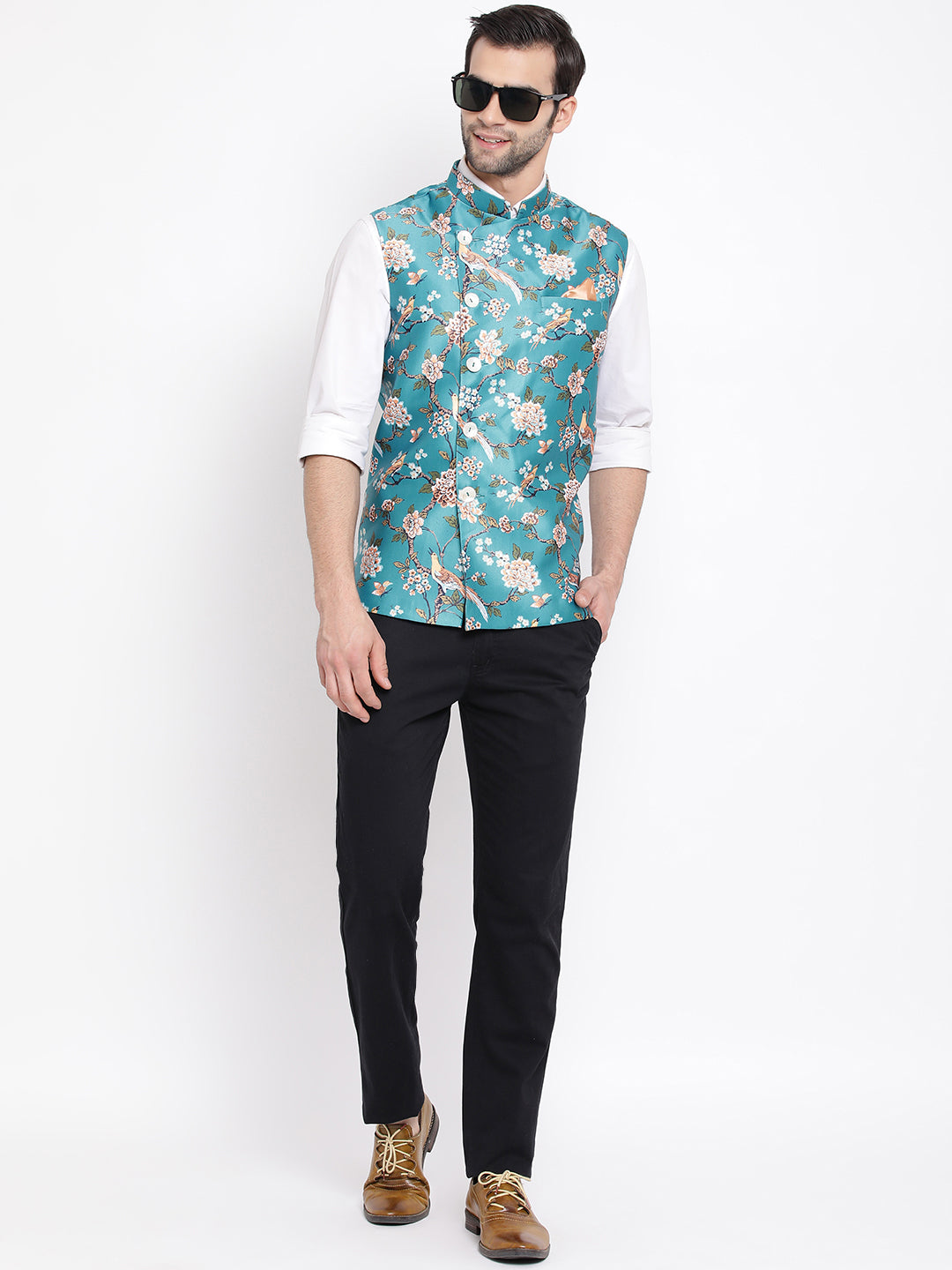 Vastramay  Men's Turquoise Digital Printed Royal Angrakha Nehru Jacket