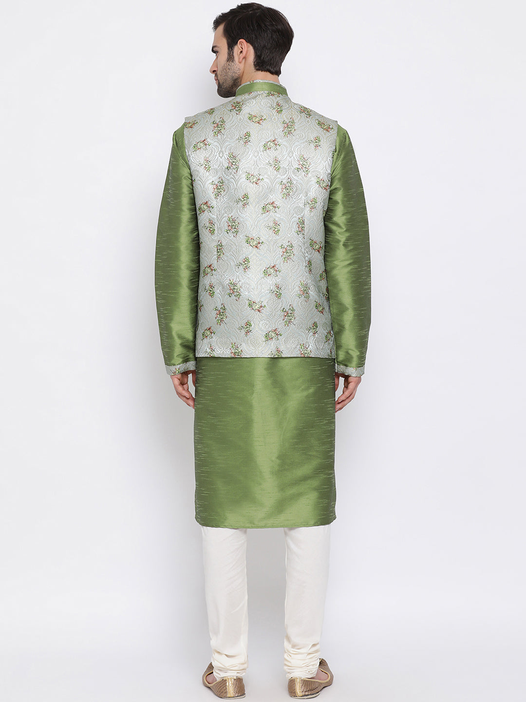 VASTRAMAY Baap Beta Silk Blend Green Jacket With Kurta Pyjama Set