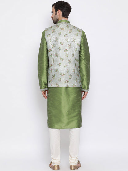 VASTRAMAY Baap Beta Silk Blend Green Jacket With Kurta Pyjama Set