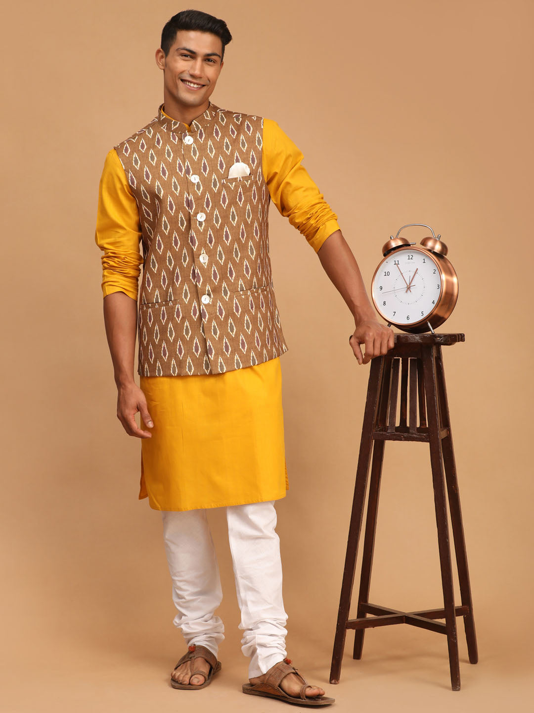 Vastramay mens green color printed cotton nehru jacket with mustard color kurta and white pyjama set