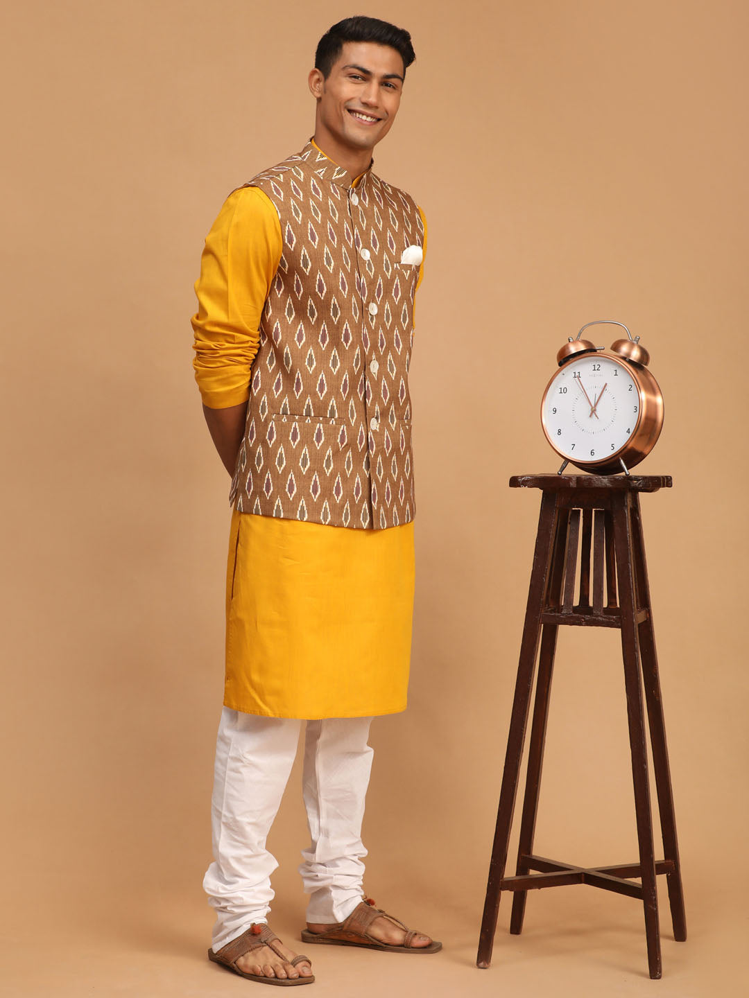 Vastramay mens green color printed cotton nehru jacket with mustard color kurta and white pyjama set