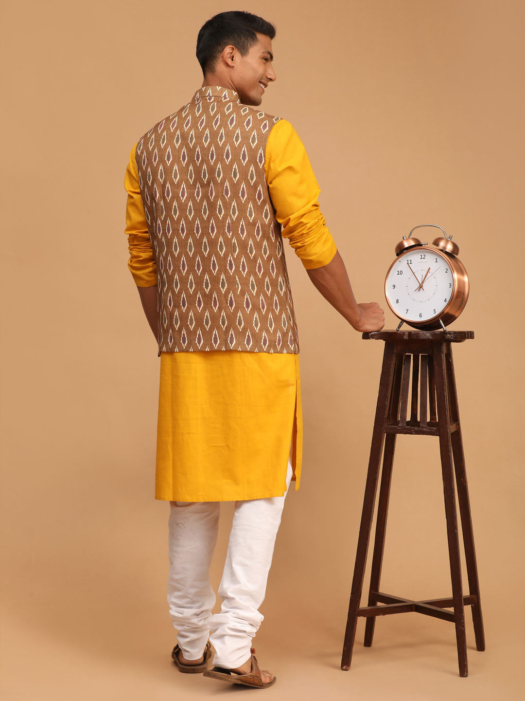 Vastramay mens green color printed cotton nehru jacket with mustard color kurta and white pyjama set