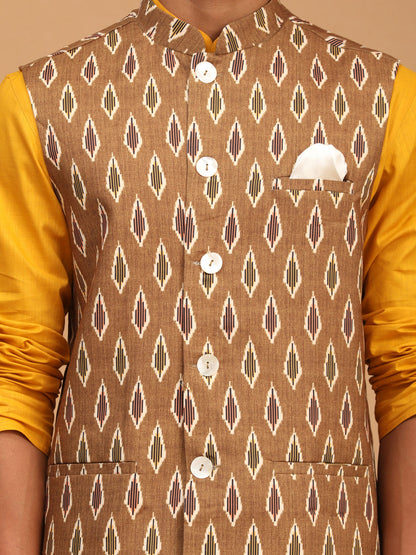 Vastramay mens green color printed cotton nehru jacket with mustard color kurta and white pyjama set