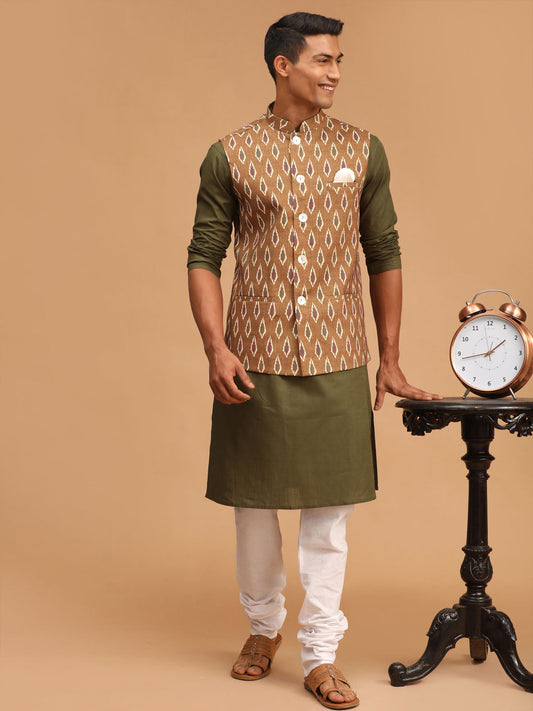 Vastramay mens green color printed cotton nehru jacket with mehdi green kurta and white pyjama set