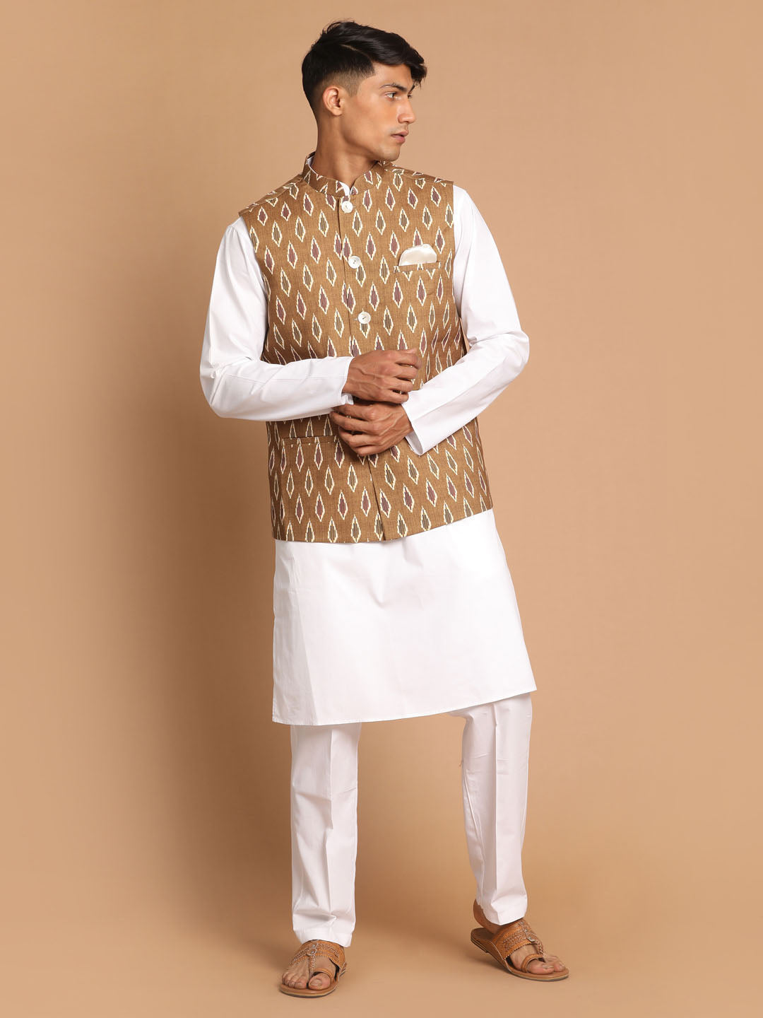 Vastramay mens multicolour base green cotton nehru jacket with white cotton pant