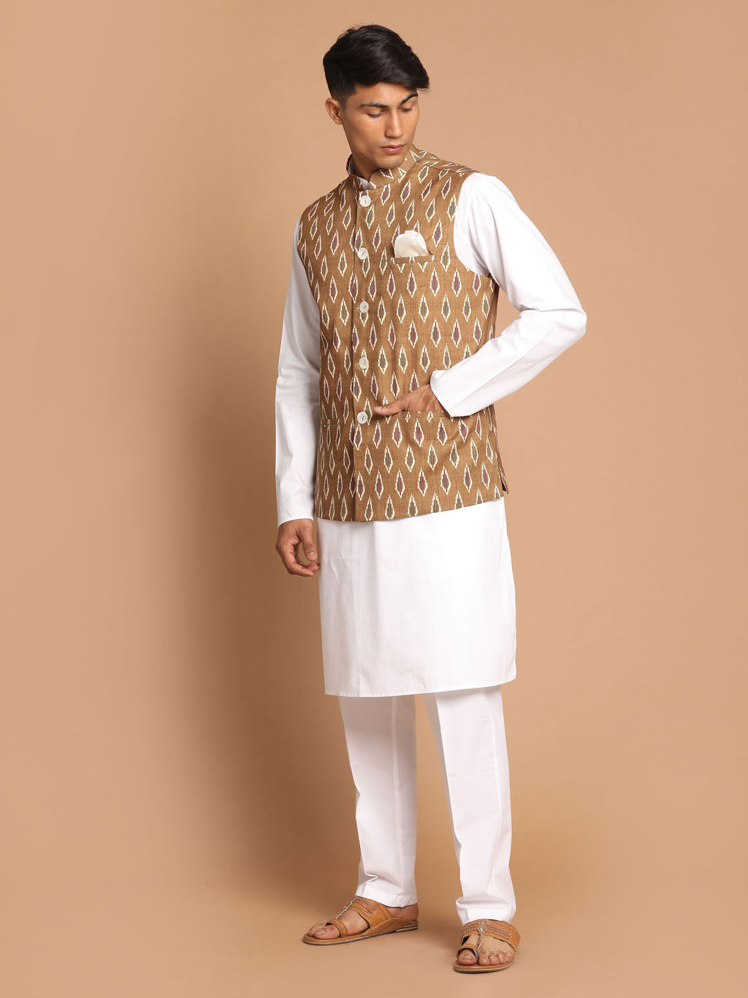 Vastramay mens multicolour base green cotton nehru jacket with white cotton pant