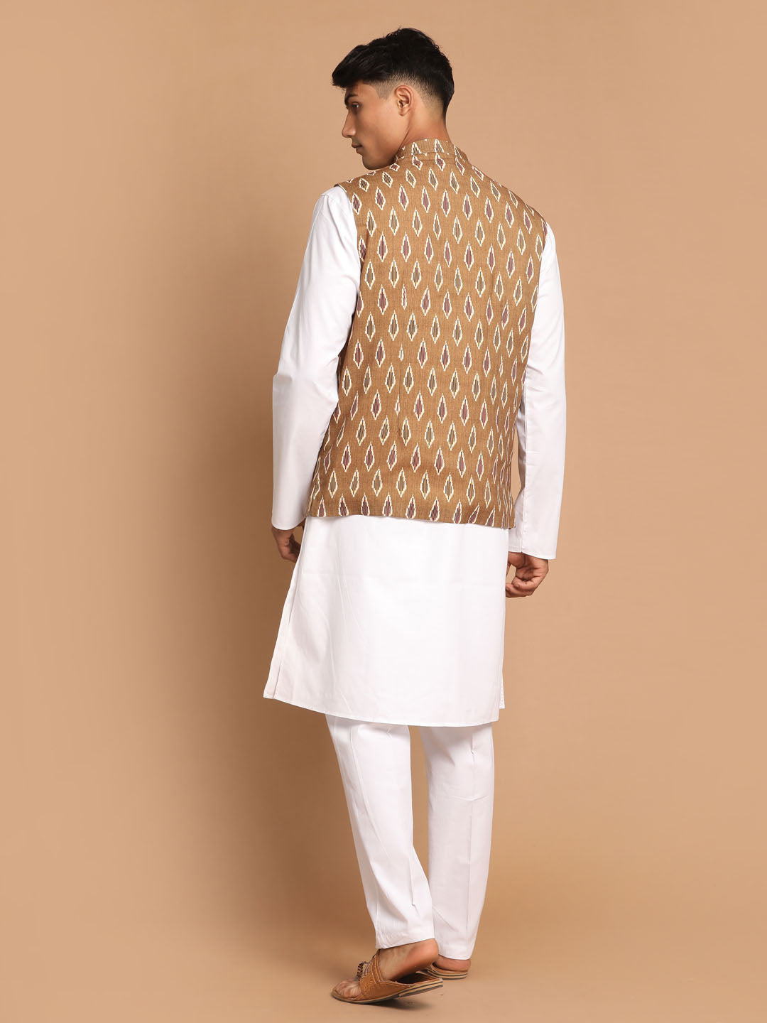 Vastramay mens multicolour base green cotton nehru jacket with white cotton pant