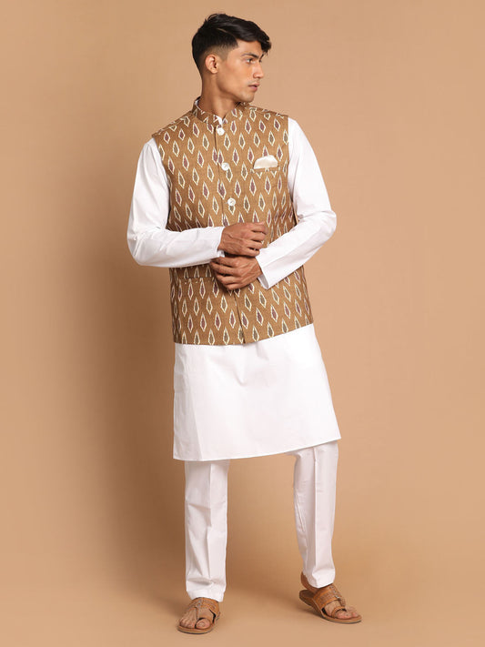 vastramay mens multicolour base green cotton nehru jacket with white cotton pant 1