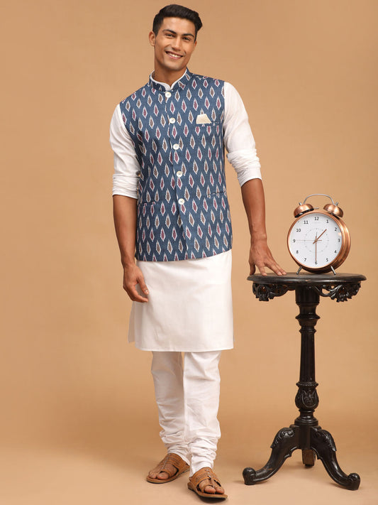 Vastramay mens gray color cotton nehru jacket with white kurta and pyjama set