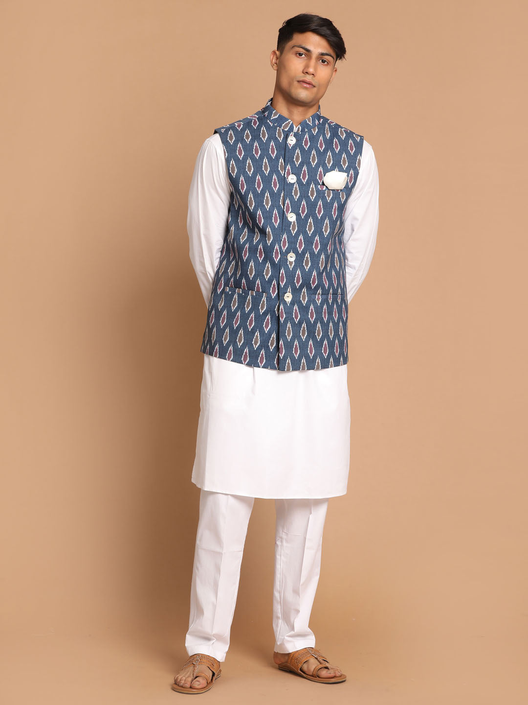 Vastramay mens grey cotton nehru jacket with white cotton pant