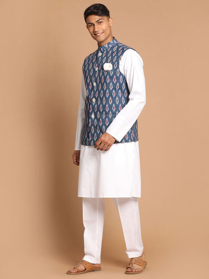 Vastramay mens grey cotton nehru jacket with white cotton pant
