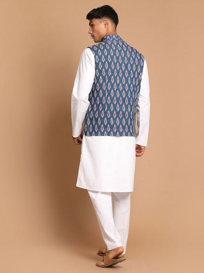 Vastramay mens grey cotton nehru jacket with white cotton pant
