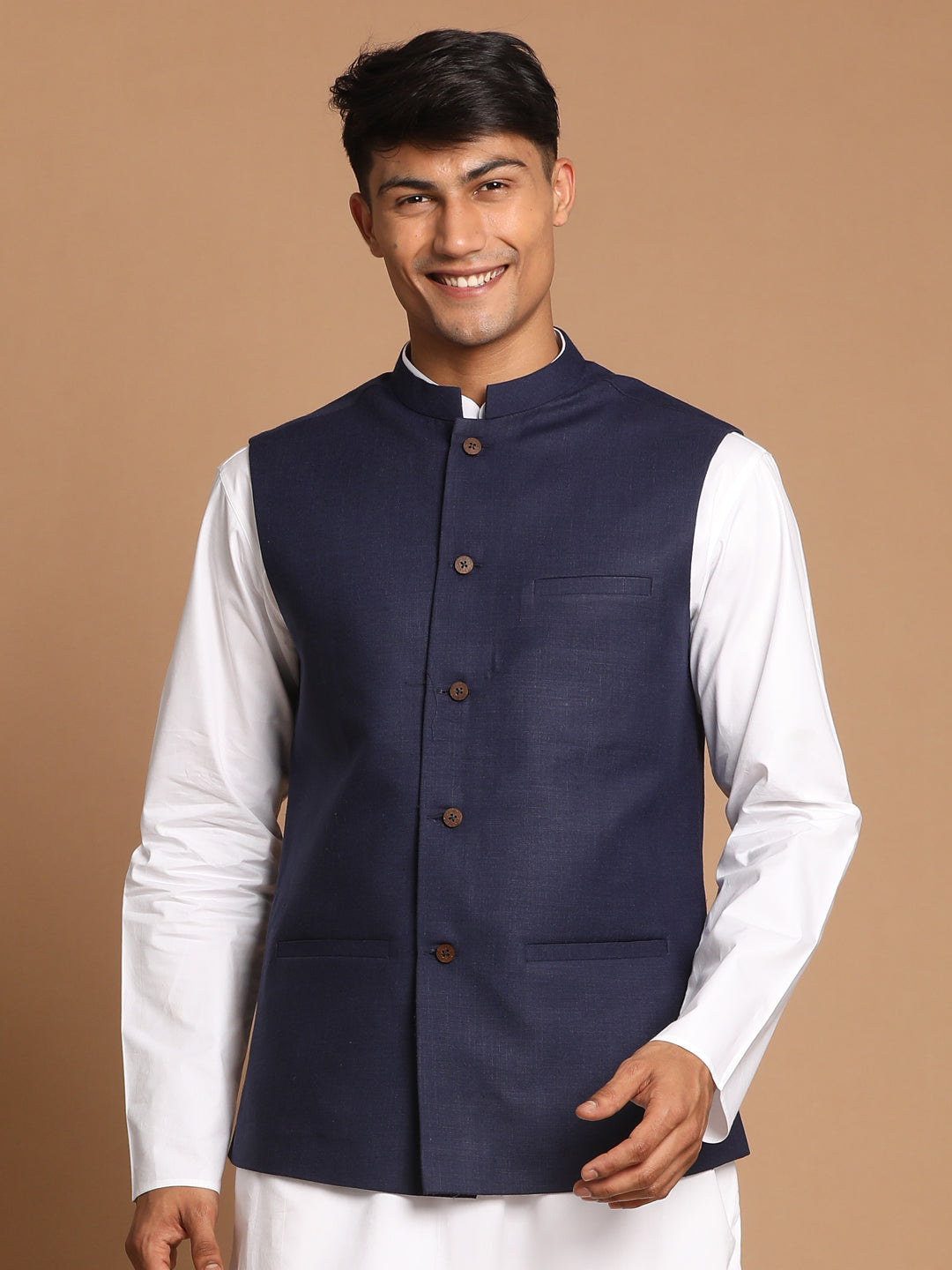 Vastramay Navy Blue Cotton Blend Nehru Jacket