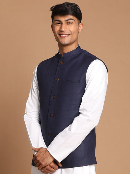 Vastramay Navy Blue Cotton Blend Nehru Jacket