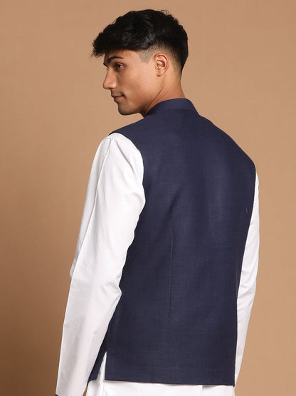 Vastramay Navy Blue Cotton Blend Nehru Jacket