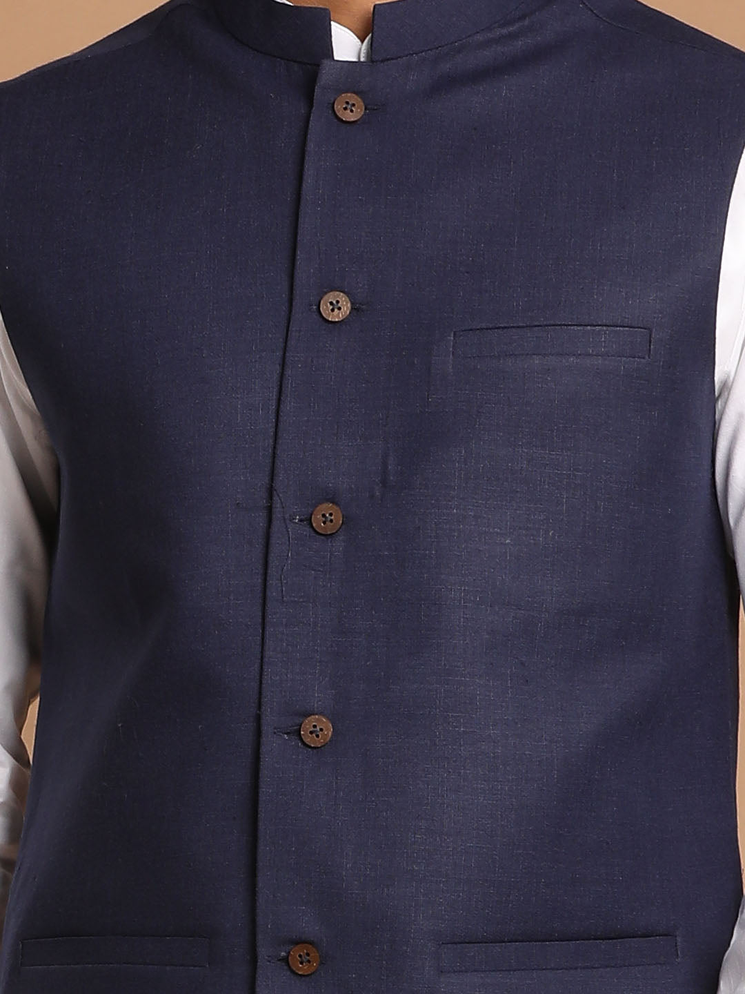 Vastramay Navy Blue Cotton Blend Nehru Jacket