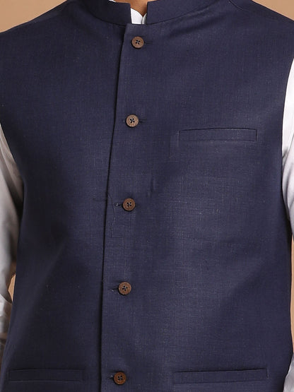 Vastramay Navy Blue Cotton Blend Nehru Jacket