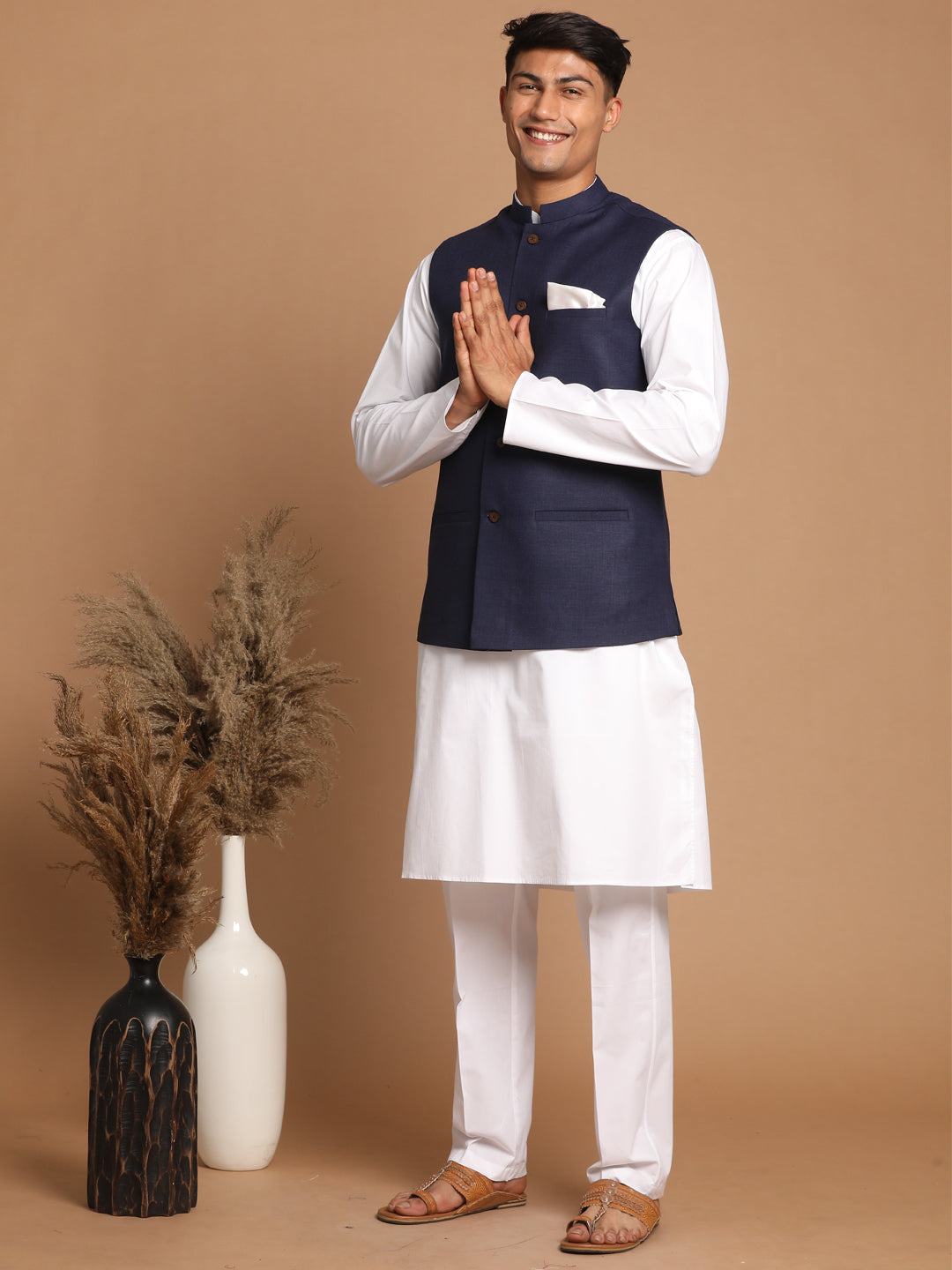 Vastramay Navy Blue Cotton Blend Nehru Jacket