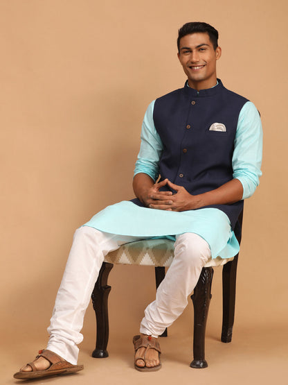 Vastramay mens navy blue solid cotton nehru jacket with aqua blue kurta and white pyjama set