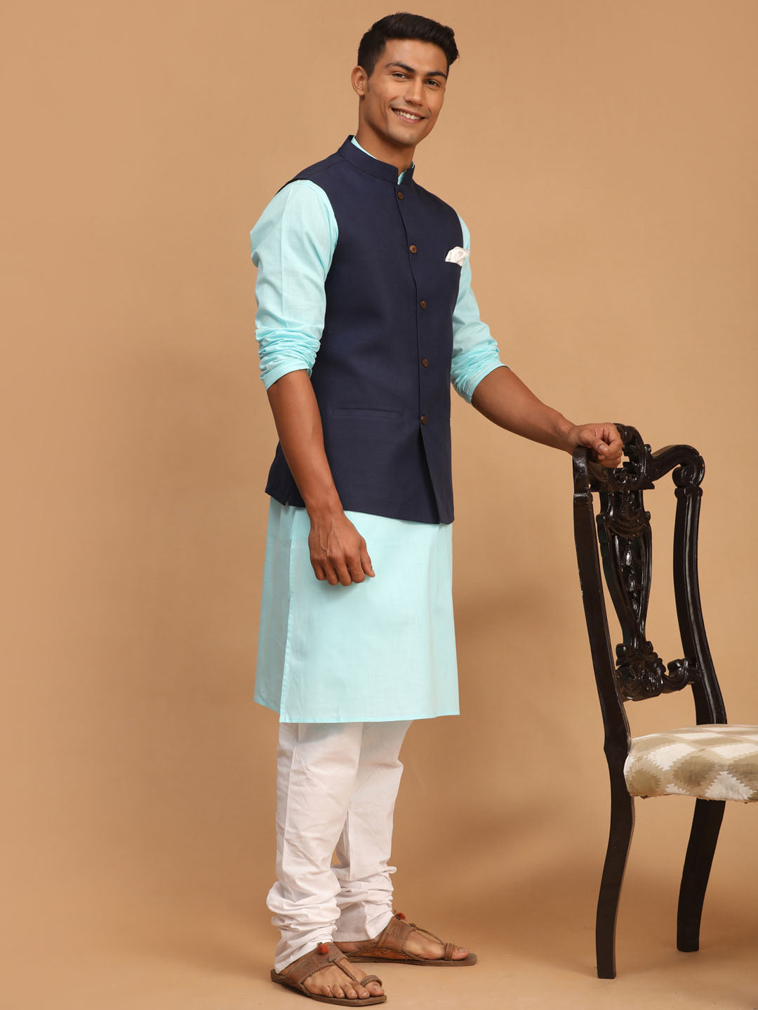 Vastramay mens navy blue solid cotton nehru jacket with aqua blue kurta and white pyjama set