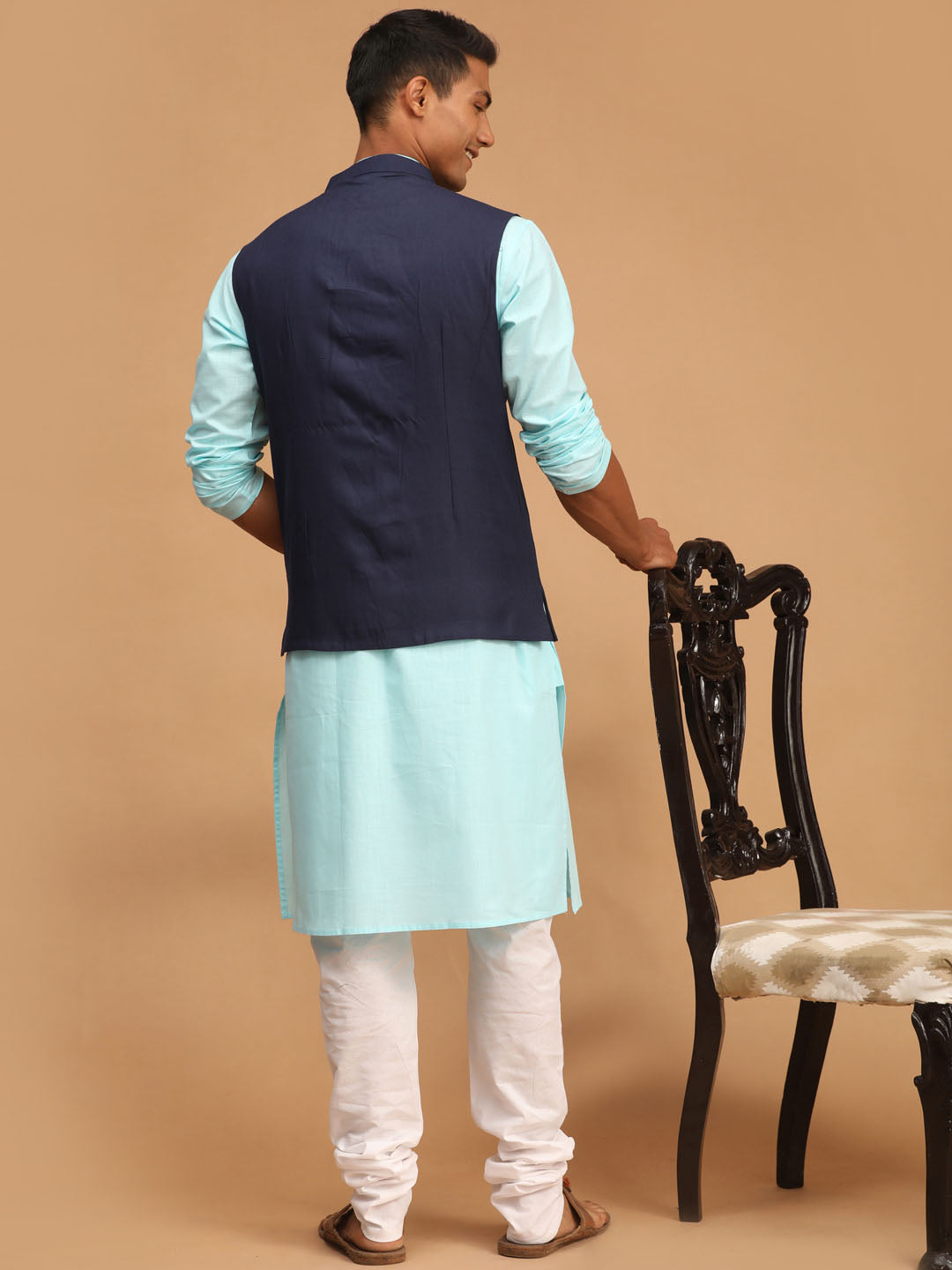 Vastramay mens navy blue solid cotton nehru jacket with aqua blue kurta and white pyjama set