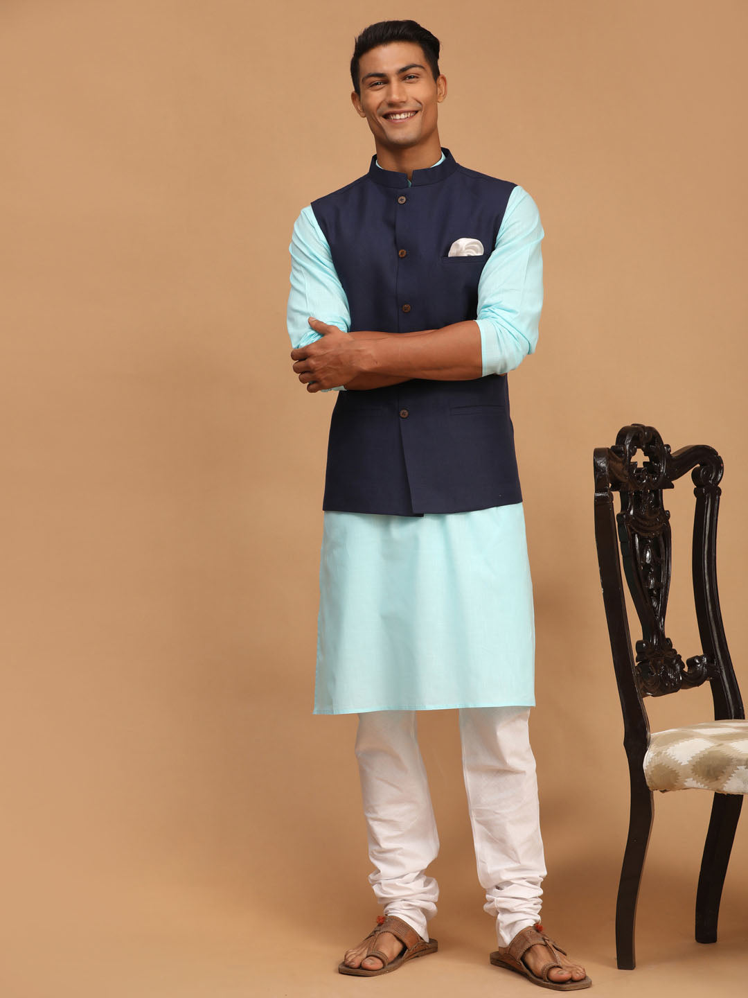 Vastramay Men's Navy Blue Solid Cotton Nehru Jacket With Aqua Blue Kurta And White Pyjama Set