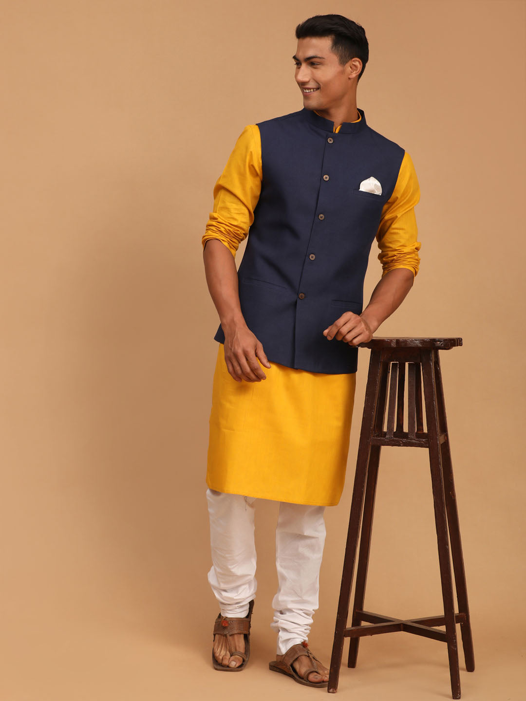 Vastramay mens navy blue solid cotton nehru jacket with mustard color kurta and white pyjama set