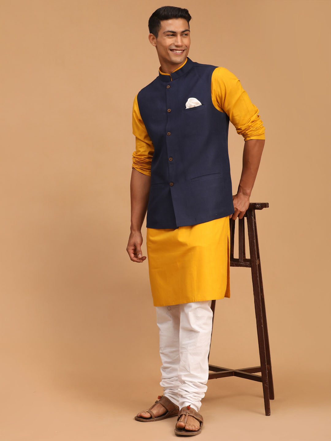 Vastramay mens navy blue solid cotton nehru jacket with mustard color kurta and white pyjama set