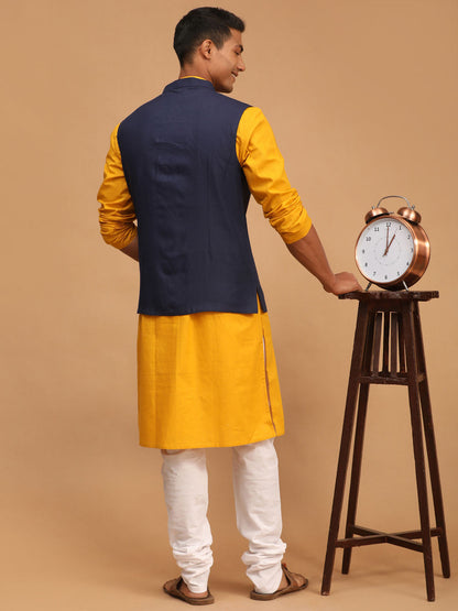 Vastramay mens navy blue solid cotton nehru jacket with mustard color kurta and white pyjama set