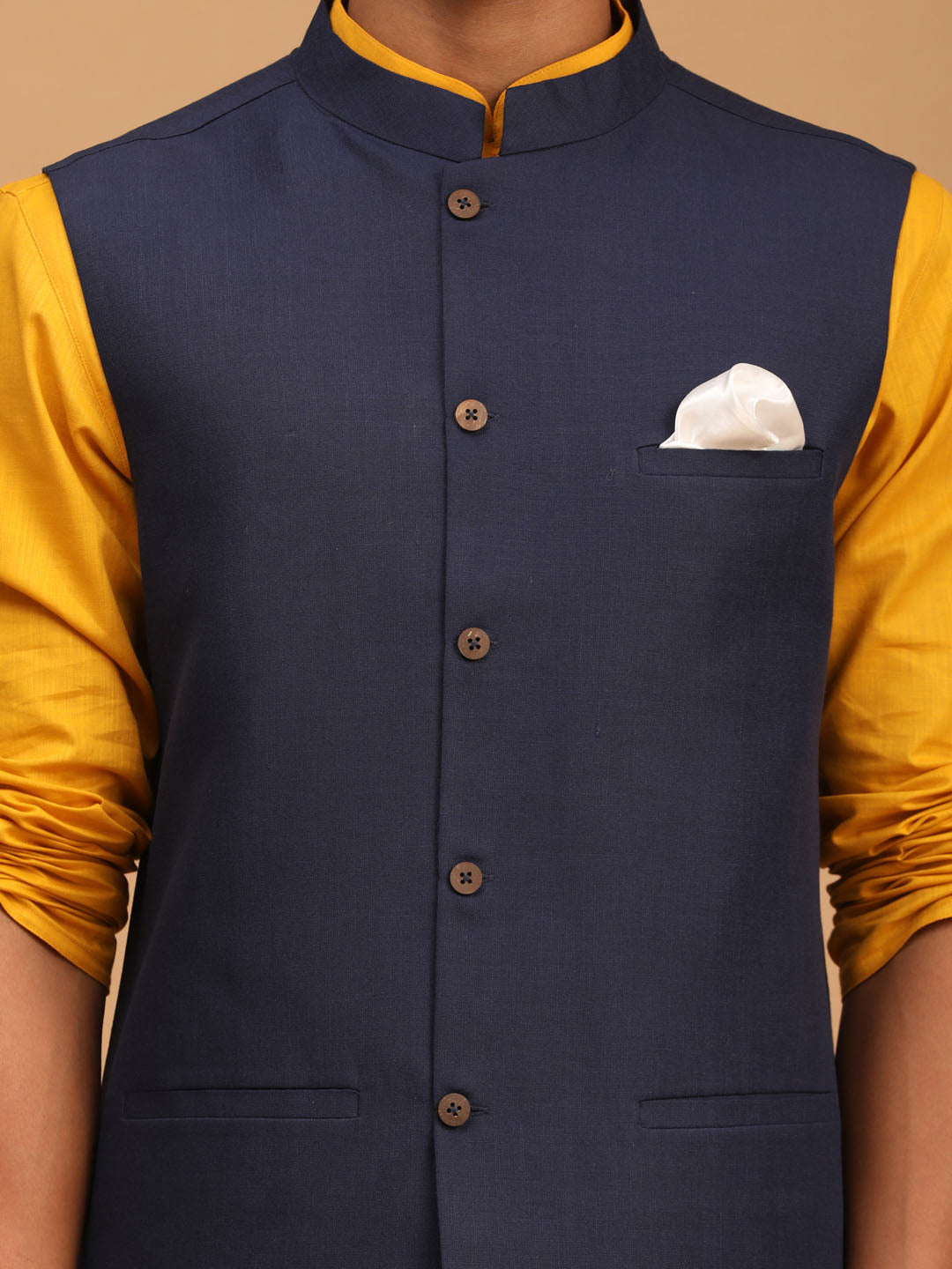 Vastramay mens navy blue solid cotton nehru jacket with mustard color kurta and white pyjama set