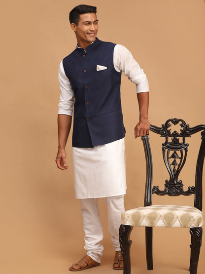 Vastramay mens navy blue solid cotton nehru jacket with white color kurta and pyjama set