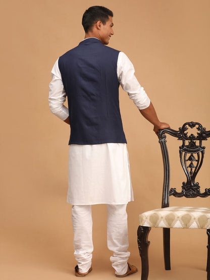 Vastramay mens navy blue solid cotton nehru jacket with white color kurta and pyjama set