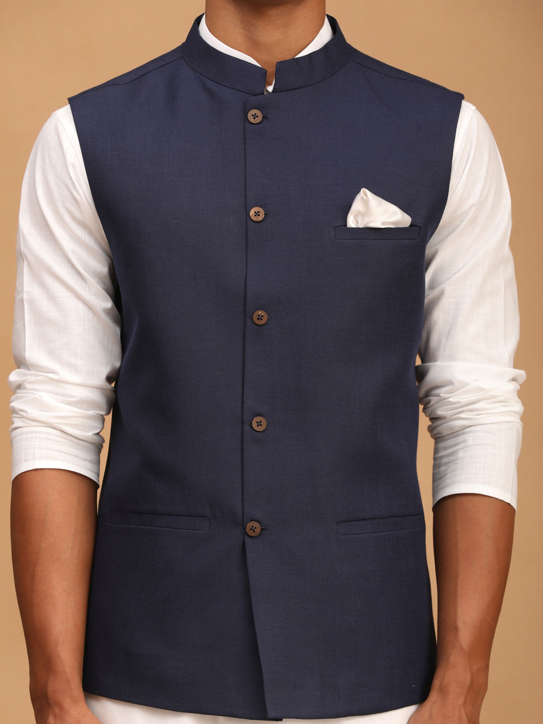 Vastramay mens navy blue solid cotton nehru jacket with white color kurta and pyjama set