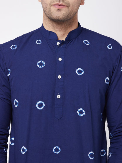 vastramay mens navy blue solid nehru jacket with blue tie dye print kurta and white cotton pant style pyjama