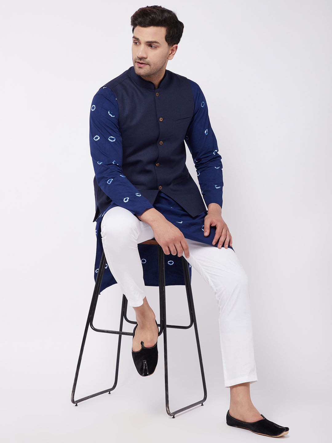 vastramay mens navy blue solid nehru jacket with blue tie dye print kurta and white cotton pant style pyjama