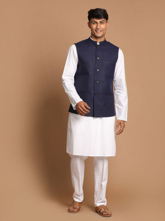 copy of Vastramay mens navy blue solid nehru jacket with white color solid kurta and white cotton pant style pyjama